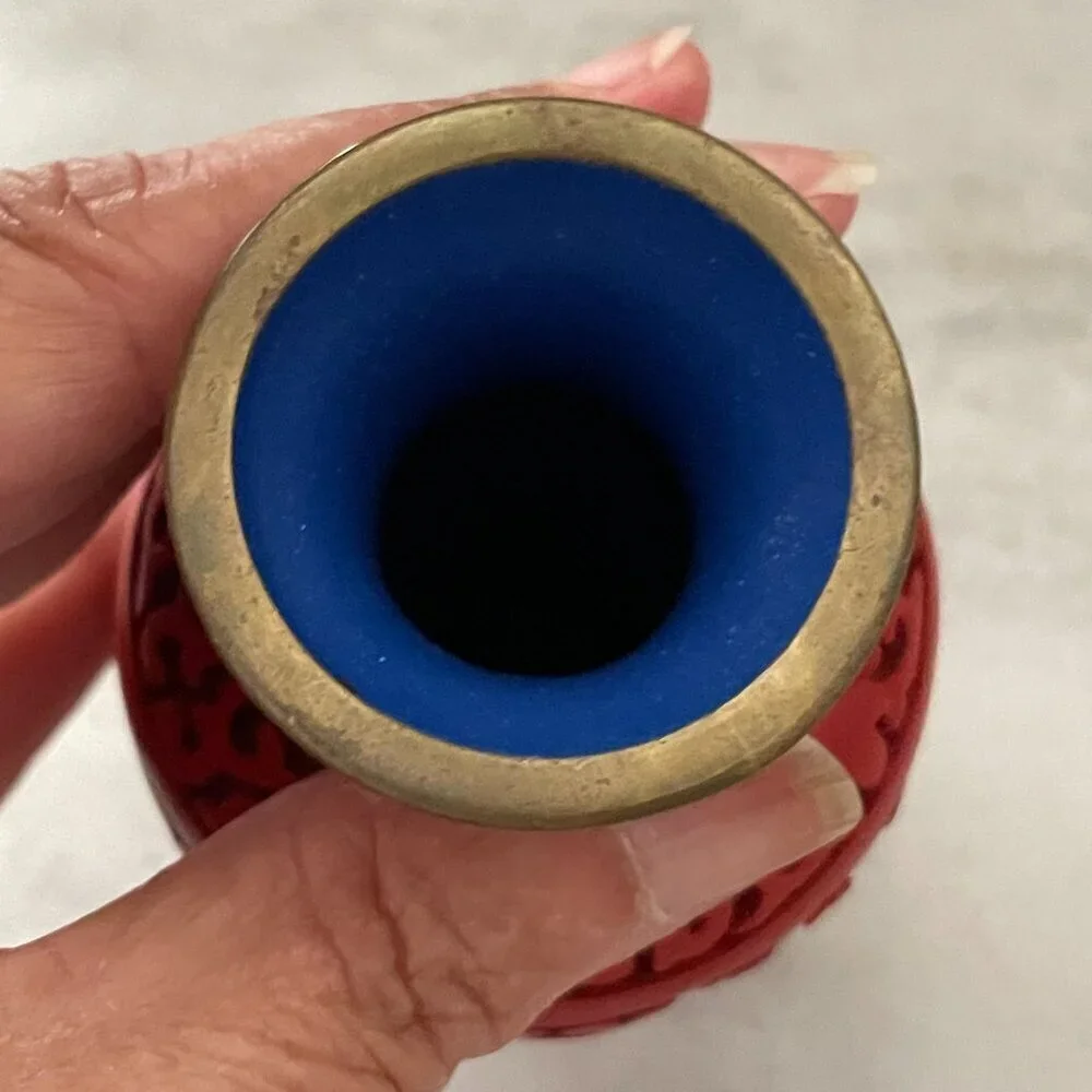 Vintage Red Cinnabar Blue Enamel Brass Hand Carved Lacquer Bud Small Vase 4.25